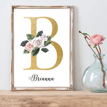 

Custom Poster Nursery Prints Pink Flowers Baby Golden Letter Posters Personalized Girl's Name Wall Art Canvas Painting Pictures