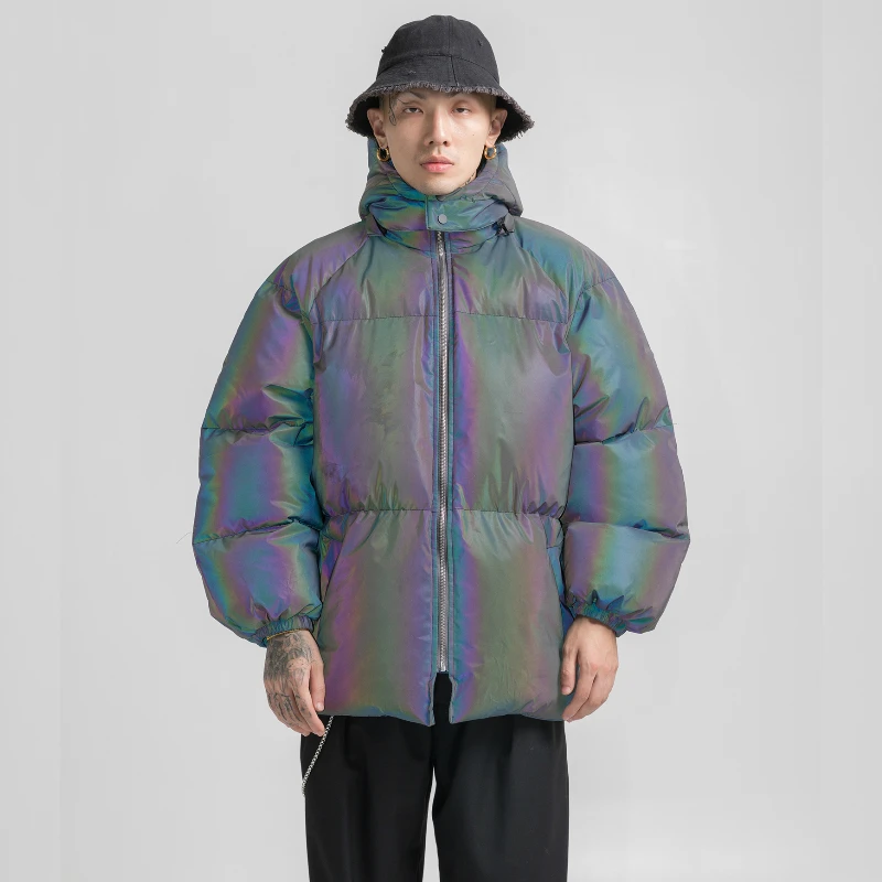 Harajuku Высокое качество радужная пышная куртка зимняя Толстая стеганая Светоотражающая ветровка уличная