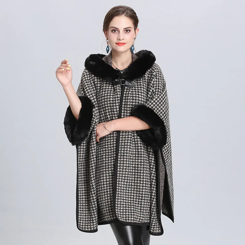 

New 2019 European Women's Knitted Loose Sweaters Plus Size Cardigans Faux Fur Patchwork Hooded Jumpers Cloak Capes Outerwear Top