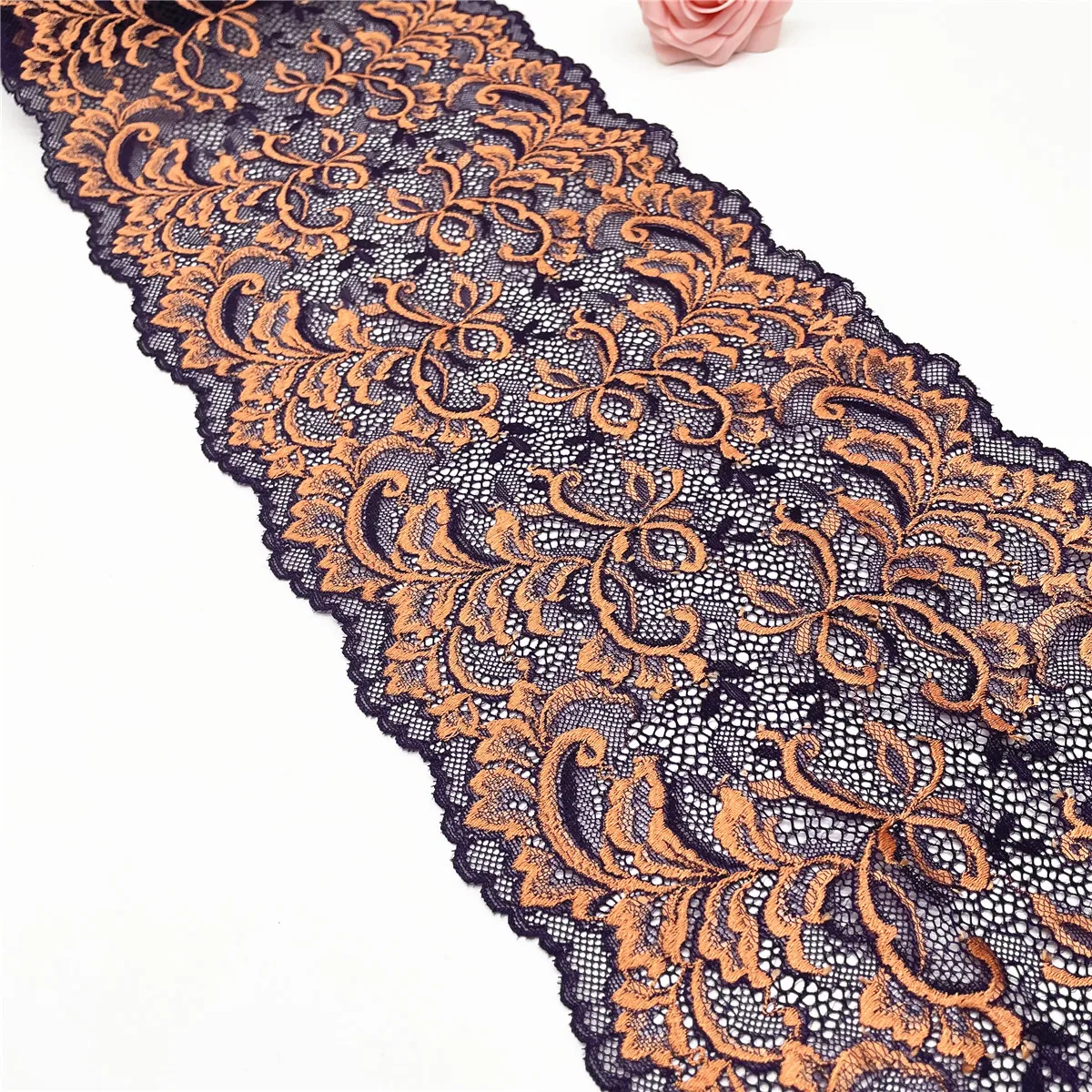 3y/lot Width 8 1/2 inch (21cm) Orange Elastic Lace Trim 1