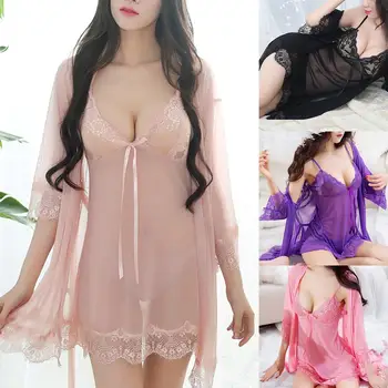 

Women Sexy Pajamas Set Lace See Through Nightgown Bow Babydoll Dress G-String comfortable to wear intimate to the skin