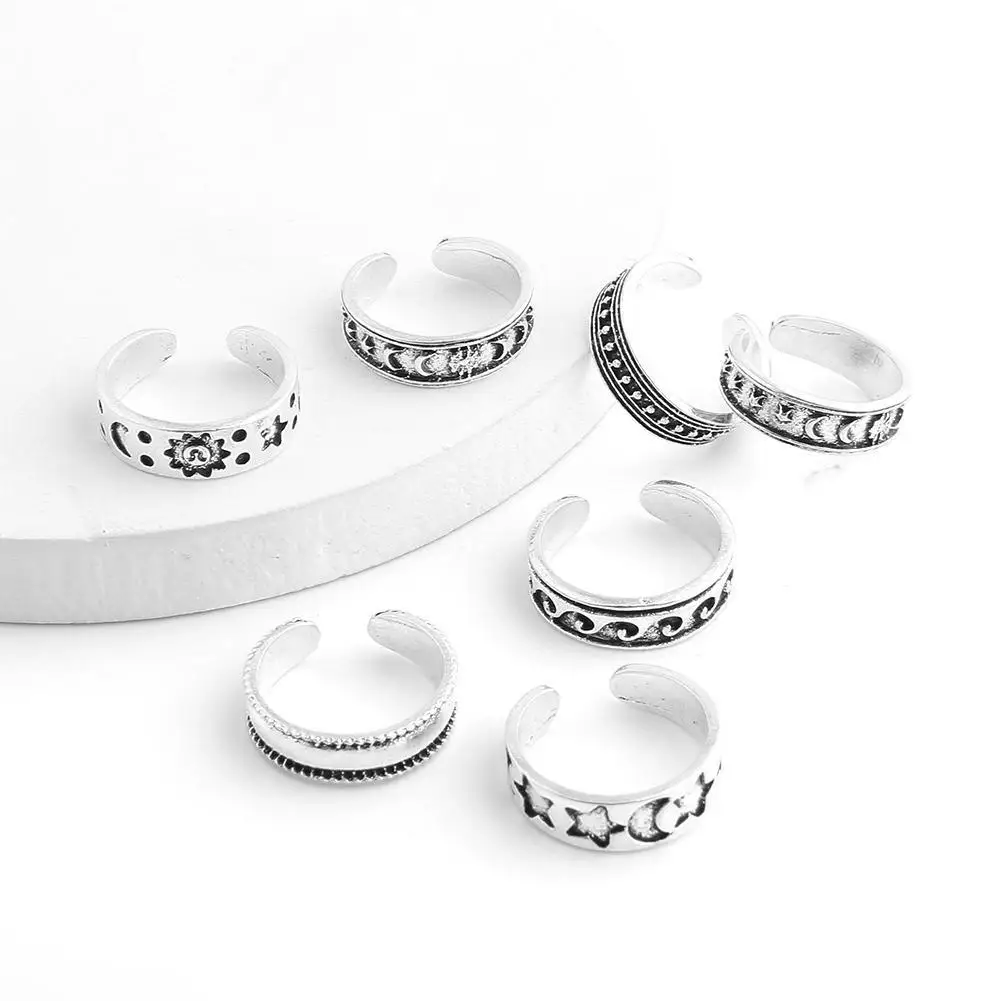 Ring Set Retro Alloy Foot Rings Women's Fashion Carved Hollow Opening 7pcs/set
