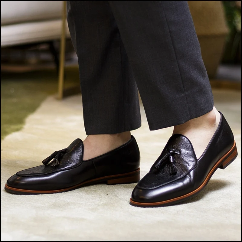 Luxury Round Toe Slip on Man Heels Comfortable Shoes Genuine Leather Ostrich Pattern Loafers Handmade Men's Tassels Flats NHS115