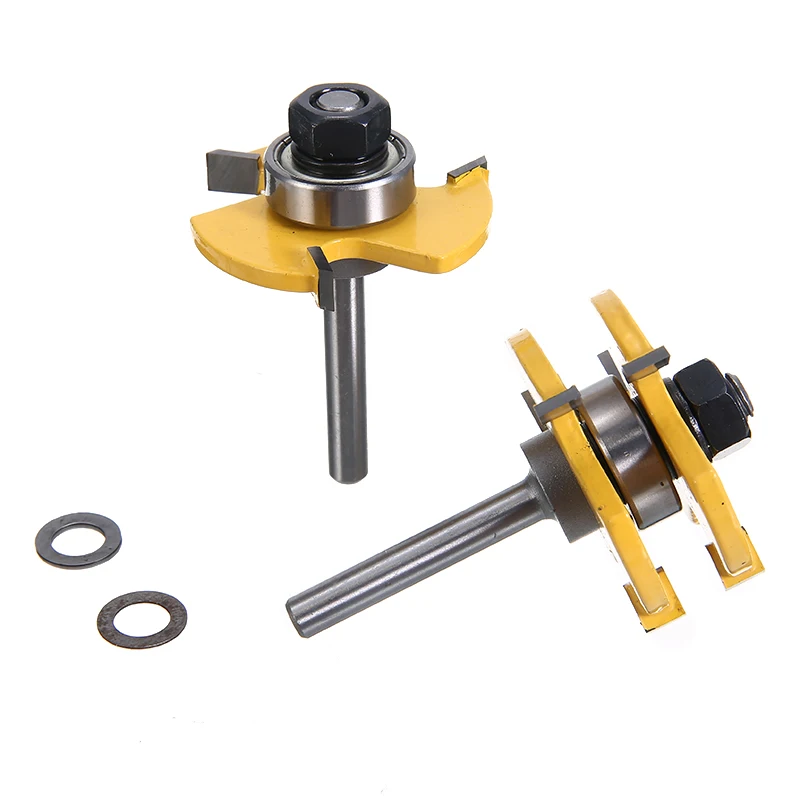 2pcs 6.35mm Tongue & Groove Router Bit Set 1/4" Shank T-type 3-tooth Mortise Cutter Woodwoorking Grove Tool Parts