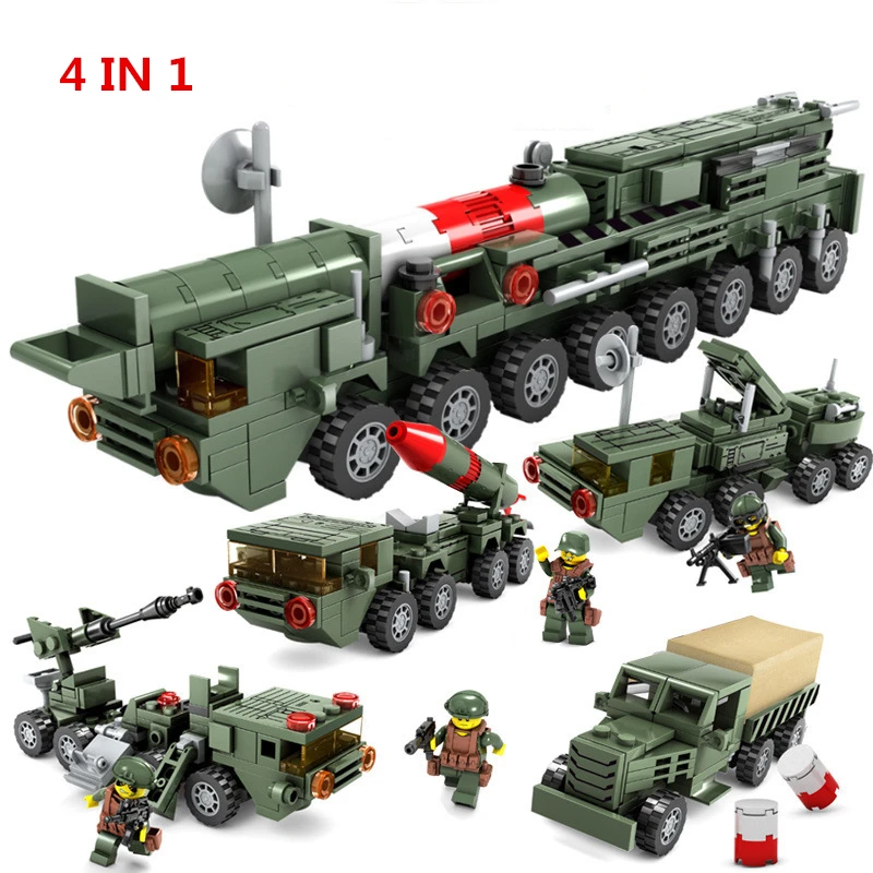 4 в 1 Военный танк мировой войны строительные блоки ракета стартовый автомобильный город оружейный комплект конструктор развивающий игрушки для детей подарок