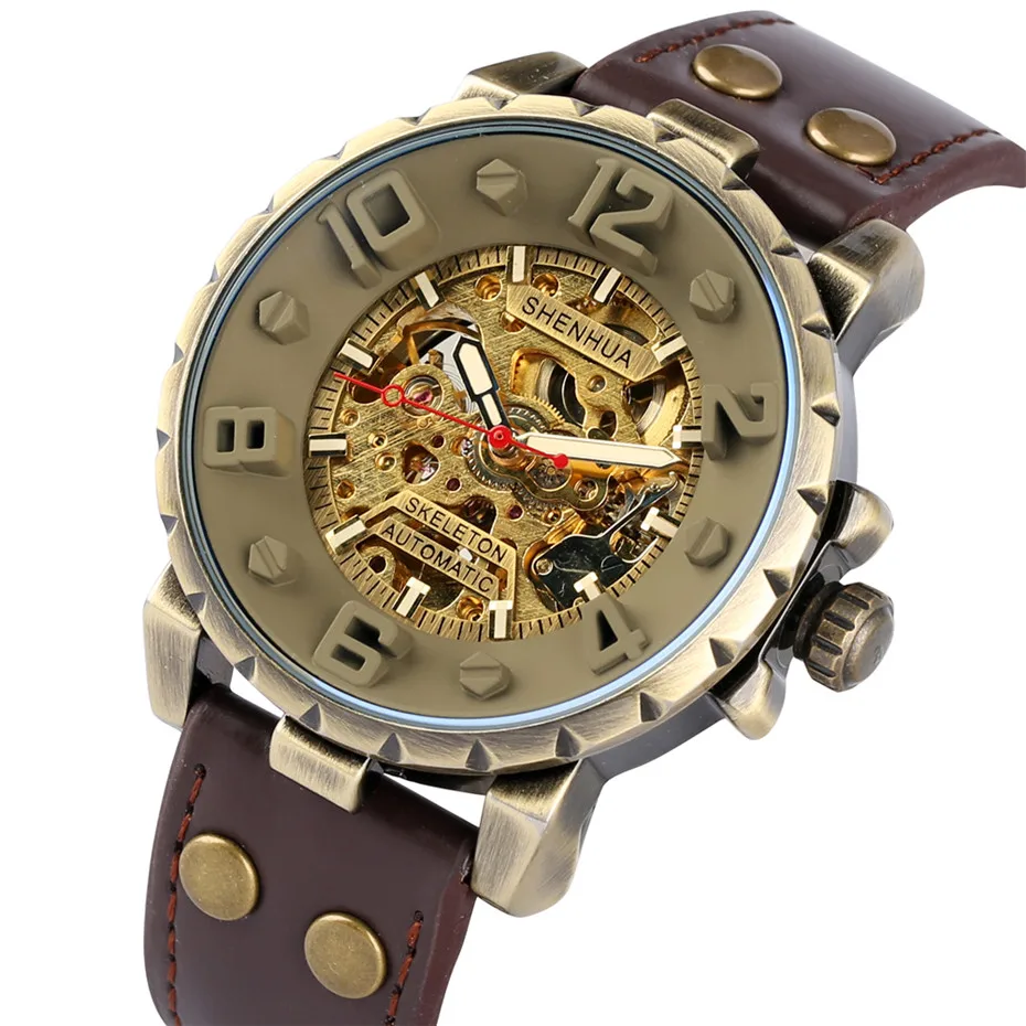

Punk Fashion 2019 Mechanical Men Watch Automatic Mens Watch Gold Skeleton Self Winding Mechanism Genuine Leather Men's Watches