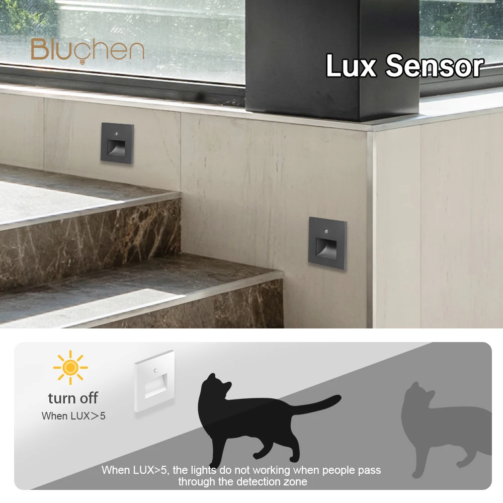 PIR Led Sensor Light Black White Gray Gold Recessed Wall Light 2W Led Wall Lamp LUX Sensor Step Corridor Stairs