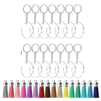

64 Pcs Acrylic Transparent Discs Blank Keychains Circle Key Chains and Tassel Pendant Keyring for DIY Project and Crafts