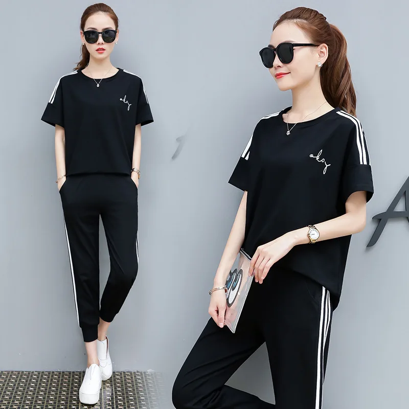 

2019 Summer Wear New Style Fashion Short Sleeve Lady Casual Sports Clothing Set Slim Fit Summer Two-Piece Set Summer WOMEN'S Dre