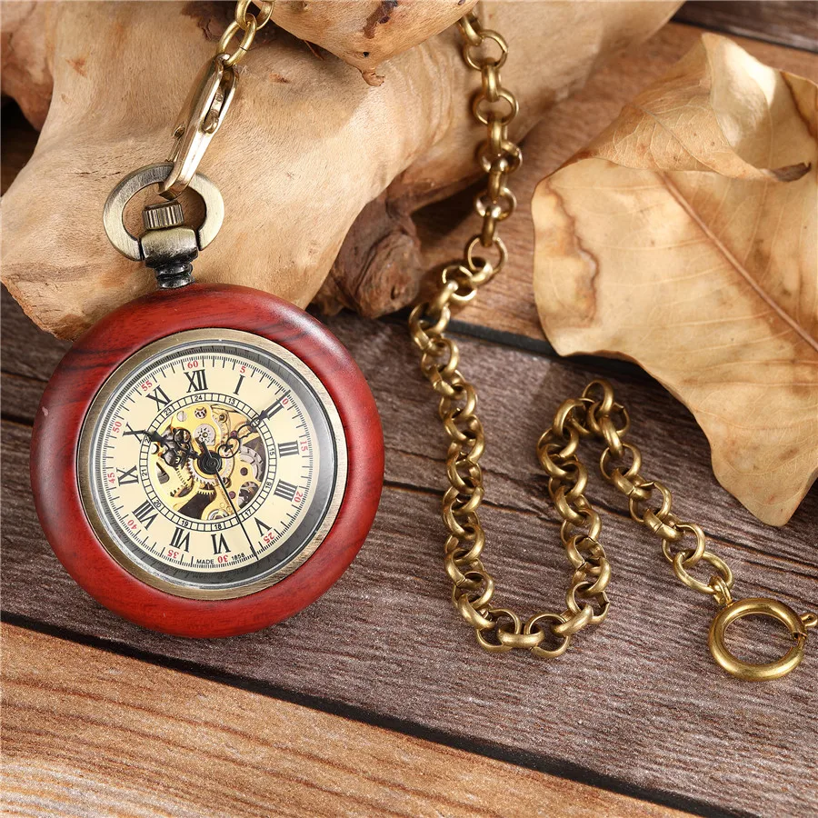 Round Wooden Mechanical Pocket Watch Luxury Red Black Wooden Watch Hand Winding Skeleton Fob Watches Men Women Clock Gifts Reloj