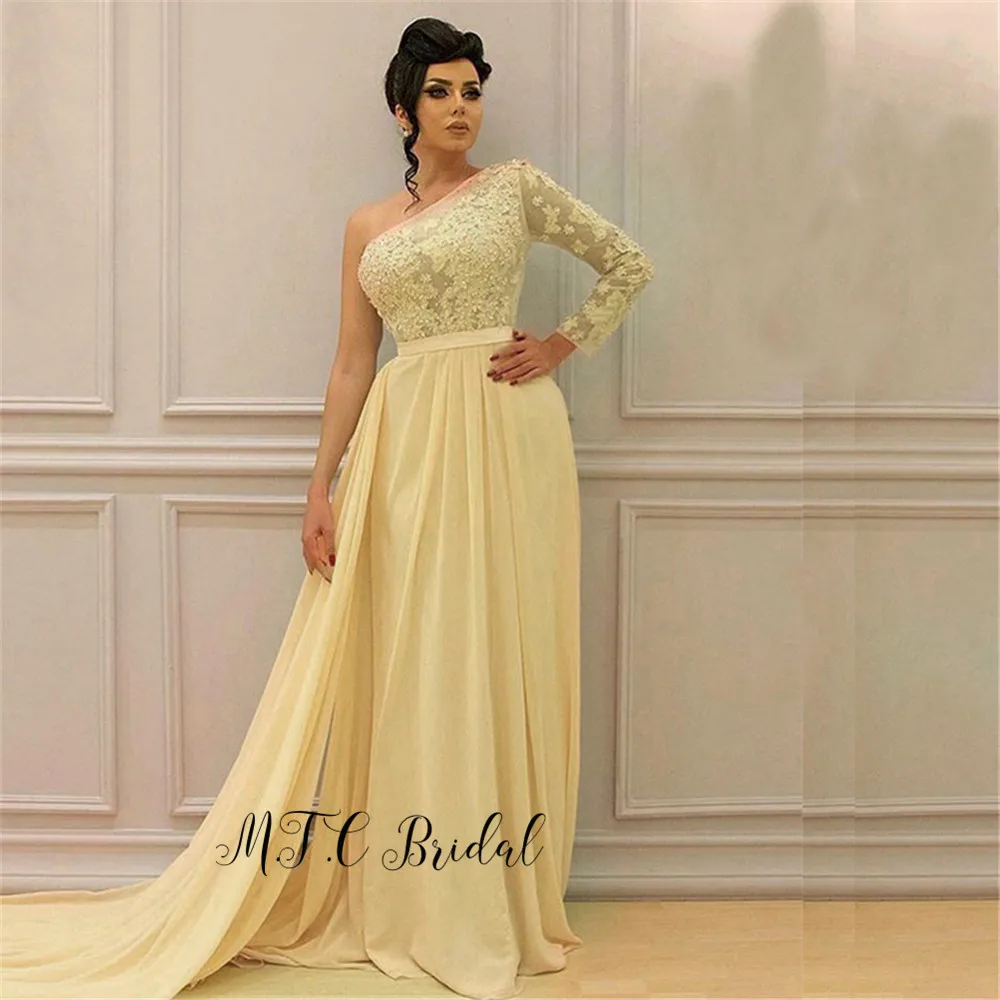 

Fashionable Long Sleeve One Shoulder Arabic Evening Dress 2019 Gorgeous Beaded Lace Chiffon A Line Long Formal Dresses Customize