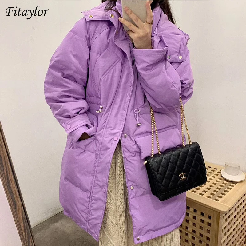 Женская длинная куртка с капюшоном Fitaylor свободное пуховое пальто на белом утином