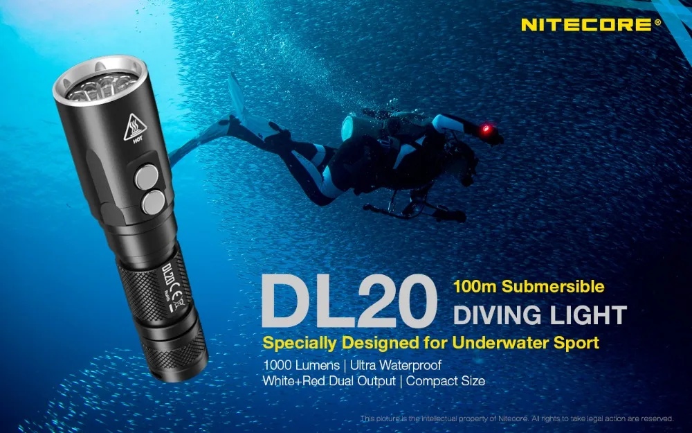 NITECORE DL20 подводный фонарик CREE XP-L HI V3 max 1000lm бросок 223 м 100 м Водонепроницаемый погружной Дайвинг свет с батареей