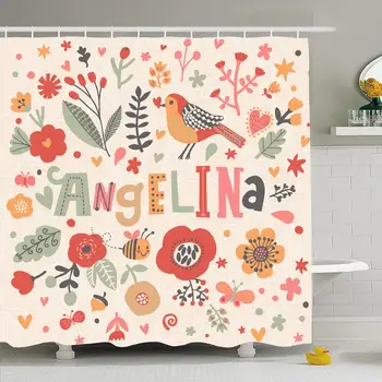 

Shower Curtain Set with Hooks 60x72 Lady Beautiful Name Angelina Poppy Autumn Party Text Sweet Nature Textures Type First Summer