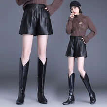 

Women Black Pu Leather Shorts 2021 Autumn Winter Button Decorate High Waist Shorts Female Ladies Casual Shorts S-5XL