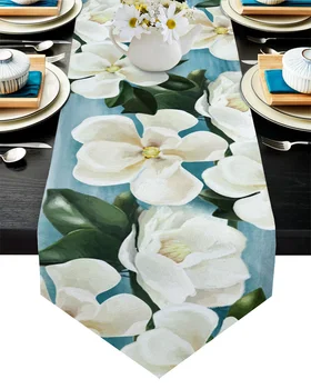 

White Flowers Oil Painting Table Runner Wedding Table Decor Flower Cake Tablecloth and Placemat Christmas Decor