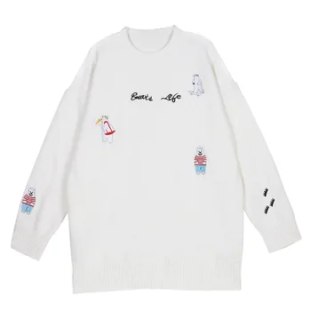 

Oversized Sweater Women Autumn Winter 2019 Solid Fashion Casual O Neck Cartoon Embroidery Knitted Women Sweater