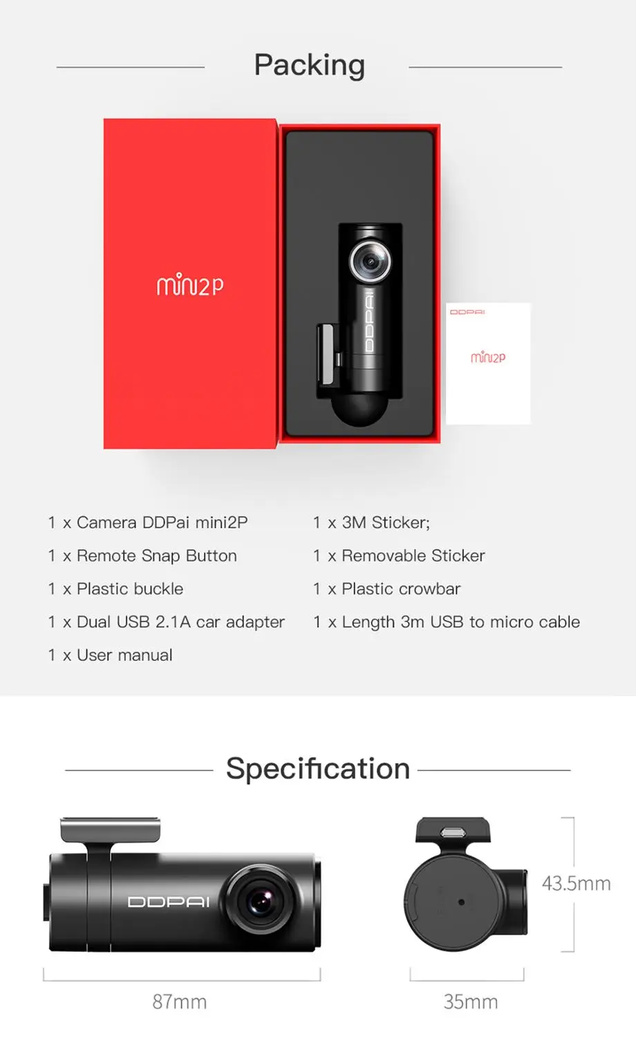 Автомобильный видеорегистратор DDPai Mini2s без искажений 2K Ultra HD 1440P широкий