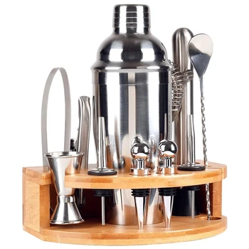 

12-Piece Bartender Kit With Stand Stainless Steel Set-Martini Jigger Mixer Shaker Cocktail Bar Strainer Shaker Spoon