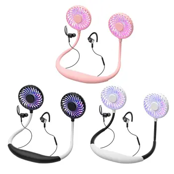 

New Portable USB Rechargeable Bluetooth Headset Double Neck Fan Air Cooler Summer Mini Fan Headset with LED Light Aromatherapy