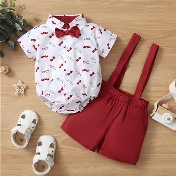Baby Boys Clothes Set, Beard Print Short Sleeve Lapel Neck Shirt+Solid Color Suspender Shorts 2