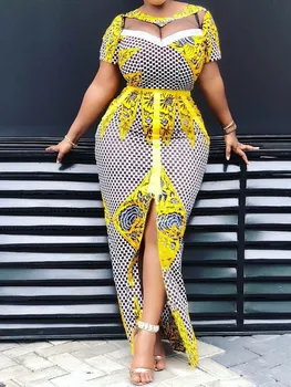 

High Split Summer Bodycon Long Dress Women Sexy Mesh Illusion Prom Party Evening Dresses Yellow Floral Plaid Elegant Maxi Robe
