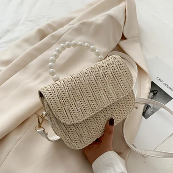 

Fashion Straw Crossbody Bag Woven Pearl Totes Boho Beach Women Shoulder Handbags Popular Simple Female Daily Bag