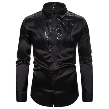 

2019 men's fashion shirt sequined evening dress show night club Europe and America men's wear emcee men's lapel shirt
