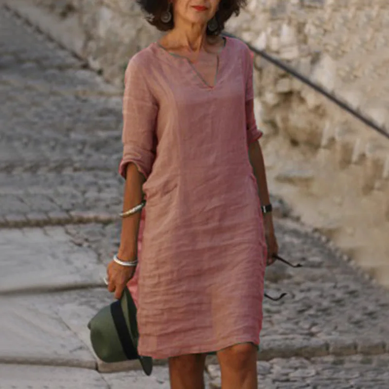 Vintage Women Solid Mini Dress Summer Fashion V-neck Three Quater Sleeve Cotton Linen Dress Ladies Casual Holiday Vestidos 3