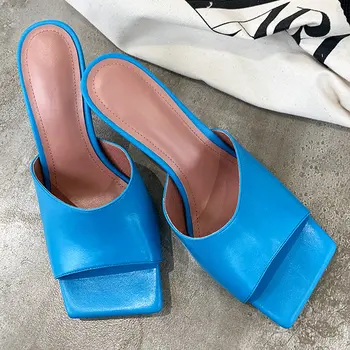 

Genuine Leather Square Toe Fashion Women's Sandals Kitten Heel Fashion Slippers 2020 Summer Party Black Apricot Blue 34-41