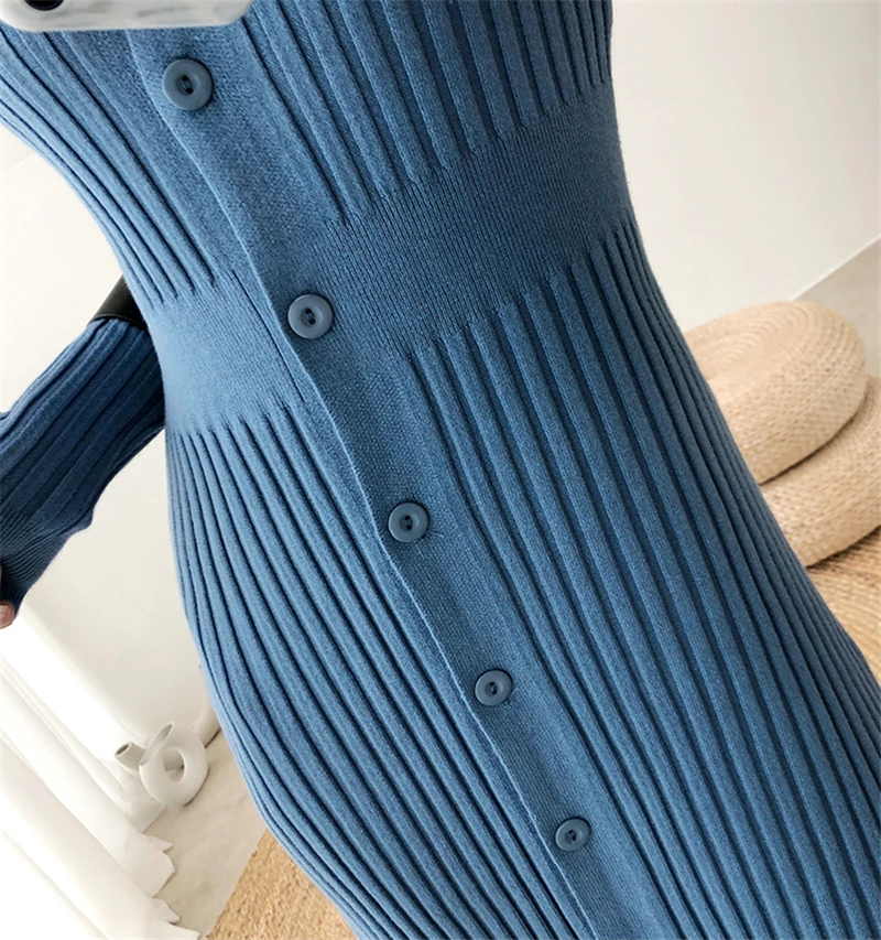 Винтажное женское трикотажное платье-свитер трапециевидной формы с длинным рукавом однобортное зимнее платье с отложным воротником осеннее дамы миди платье