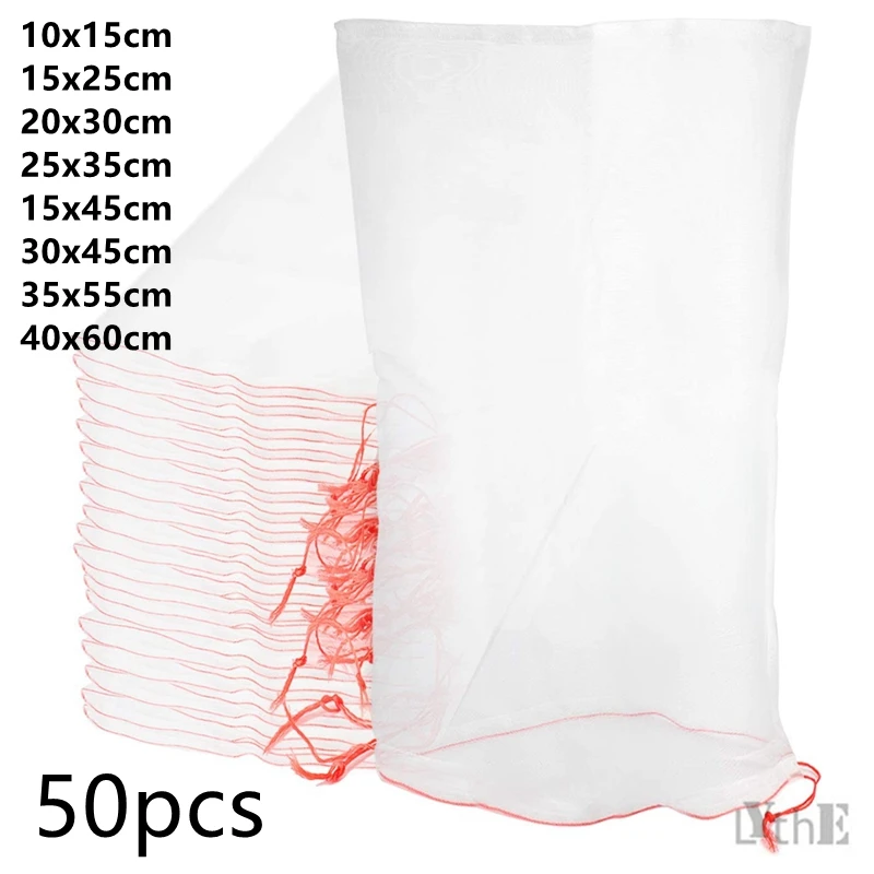 50 Pcs Fruit Bag Protection Insects Bug Net Barrier Bag Mesh Fruit Tree Protection Bags for Tomatoes Apples Grapes Grow Bags