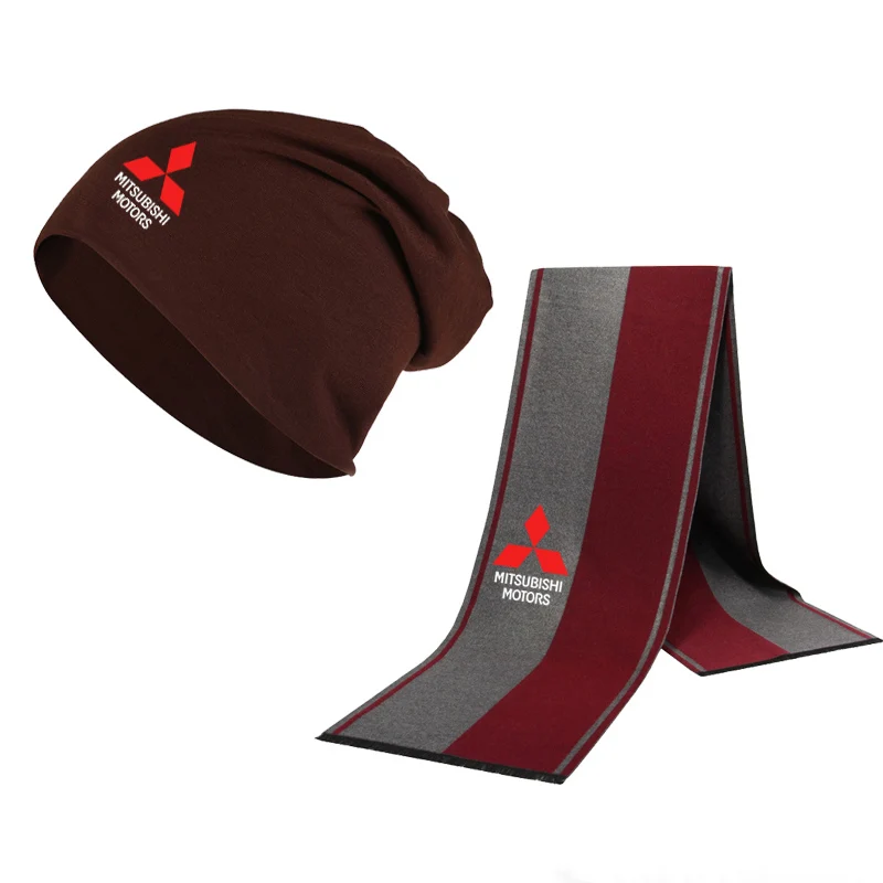Зимняя Шапка-бини с логотипом Mitsubishi, мужская шапка, шарф, однотонный теплый хлопковый шарф, шапка, набор, мужская и женская спортивная шапка, шарф, комплект из 2 предметов