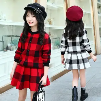 

2019 Autumn Girls Sweater Set Square Short Skirt Set Fashion Sweater Skirt Girl Big Boy Cardigan Set 5-12 Years