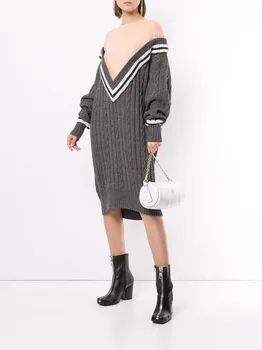 

2019 Casual Fashion Sexy New Splicing Knit Wool Sweater Dress Pink & Grey O-neck free shipping