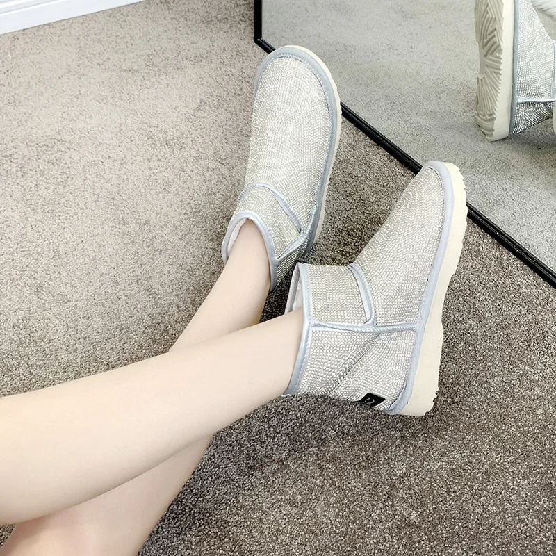 

Crystal Round Toe Shoes Snow Boot Bootee Woman 2019 Women's Ankle Boots Booties Ladies Plush Lace Up Flat Heel Low Heels