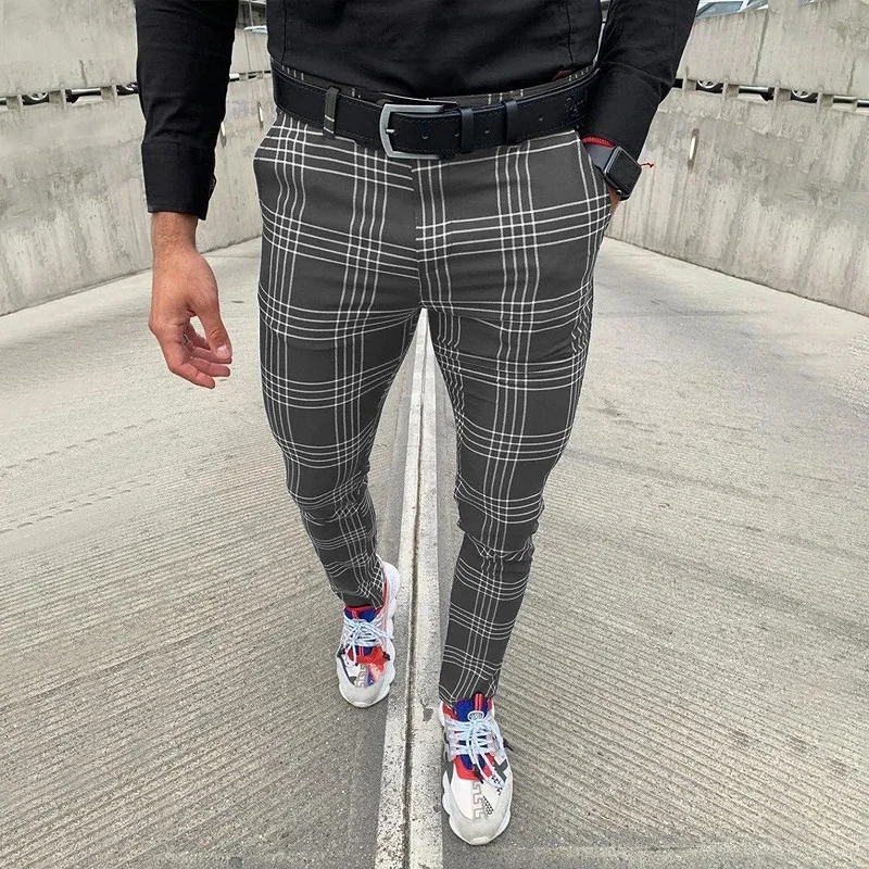 Fashion Mens Formal Plaid Pattern Pencil Pants Slim fit Straight Casual Trousers 