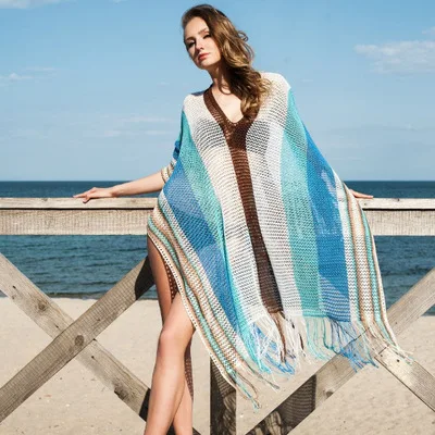 

Hirigin Tassels Fishnet Cover Up Women Beach Wrap Bathing Suit Color Patchwork Bikini Cover Ups Swimwear Cappa 2019 New Swimming