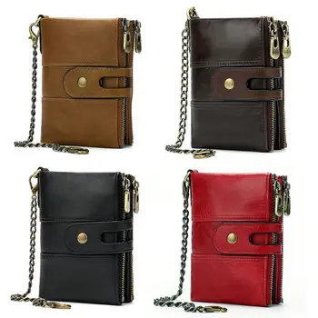 

Men's Genuine Leather Bifold Short Wallet RFID Blocking Coin Purse ID Credit Card Holder with Anti-Theft Chain M6CC