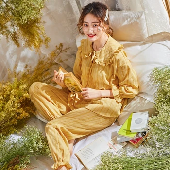

Autumn Long Sleeve Pants Women Pajamas Sets 2pcs Yellow Strip Comfortable Cotton House Bedrrom Sleepwears Women Pijamas