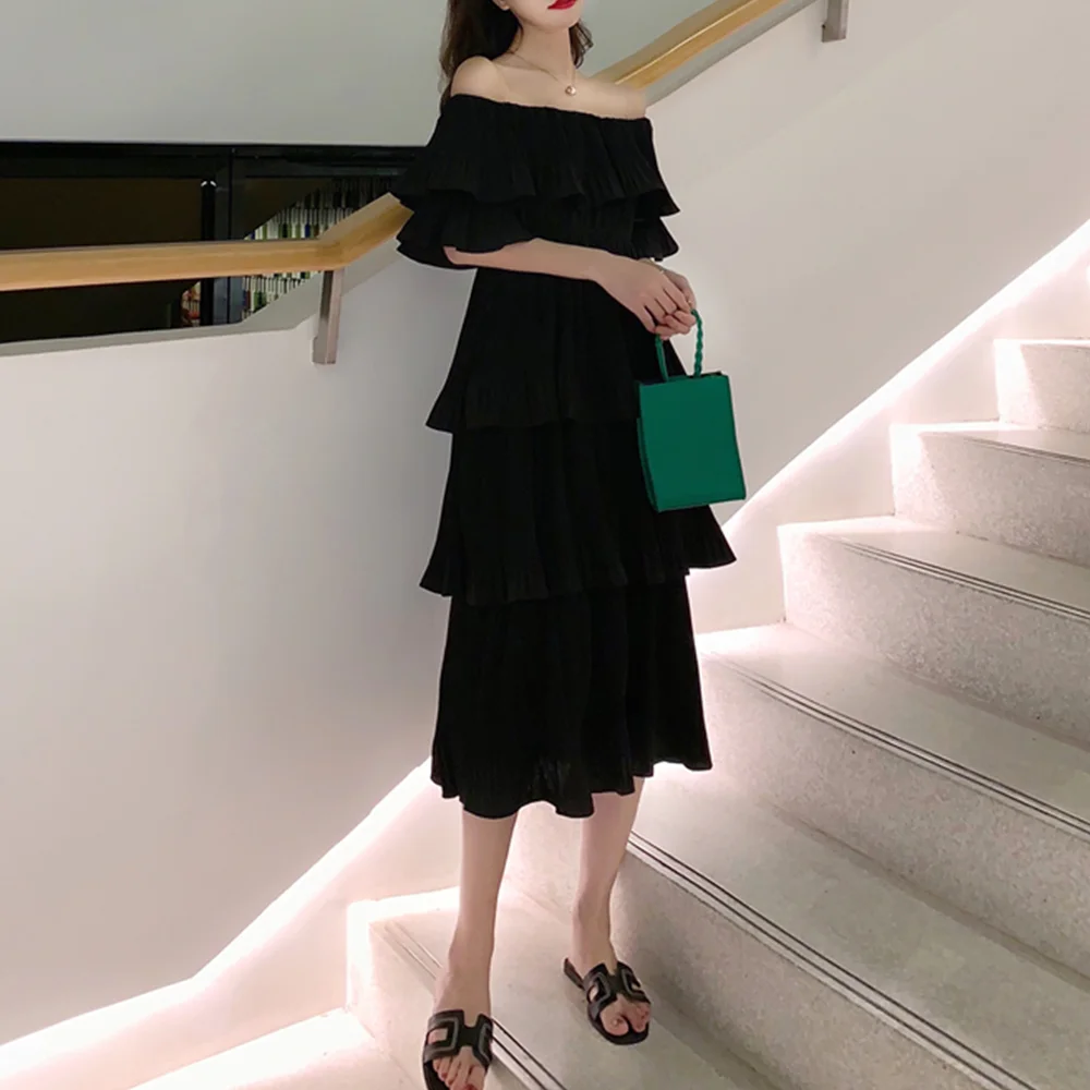 Slash Neck Women Elegant Dress Summer Cate Long Dress Vestidos Black Red White Solid Female Clothes Hoilday Boho Dress for Girl