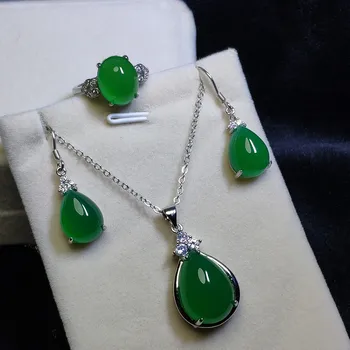 

LETSFUN 3pcs S925 Sterling Silver Natural Green Jade Gemstone Necklace Earrings Ring Women Jewelry Set luxurious