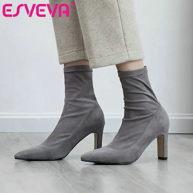 

ESVEVA 2020 Flock Fashion Western Style Women Shoes Winter Ankle Boots Pointed Toe Slip On Square High Heel Boot Size 34-43