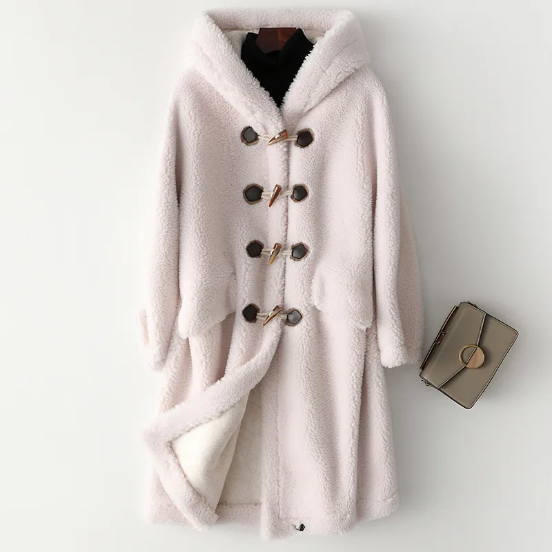 AYUNSUE новое шерстяное пальто с натуральным мехом для женщин, зимняя одежда, куртки из овечьей шерсти, женские длинные пальто с капюшоном и замшевой подкладкой 978001 - Цвет: White