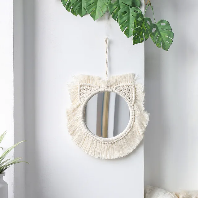 Hand Woven Bohemian Woven Leaf Feather Mirror Round Lace Mirror Wall Hanging Living Room Bedroom Wall Mirror Home Decoration 06