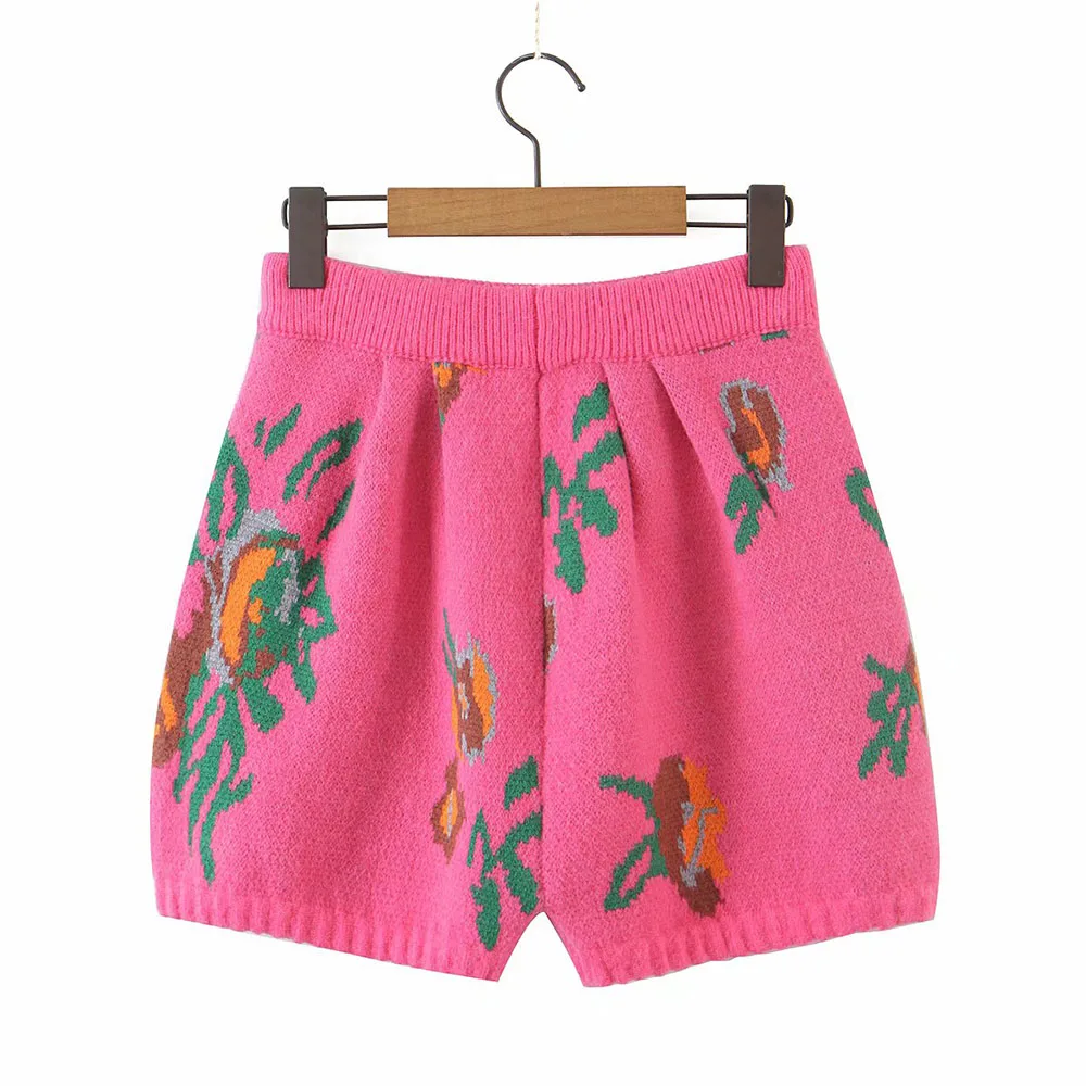 XEASY 2021 Women Flowers Sweater Set Fashion Vintage Single-Breasted Loose Cardigan Female Elastic High Waist Knit Shorts Suit shorts co ord