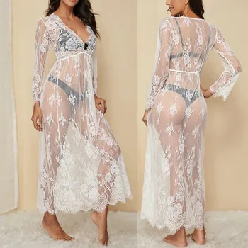 

Nightgown Women Floral Lace Eyelash Floral Lace Sheer Long Dress Lingerie Swimsuit Blouse Nightwear Ladies Sleepwear Homewear