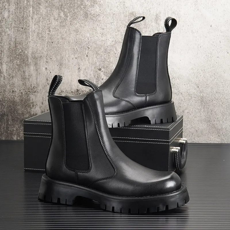 British mens Chelsea boots high top male height increasing platform short mid calf motorcycle 38-44