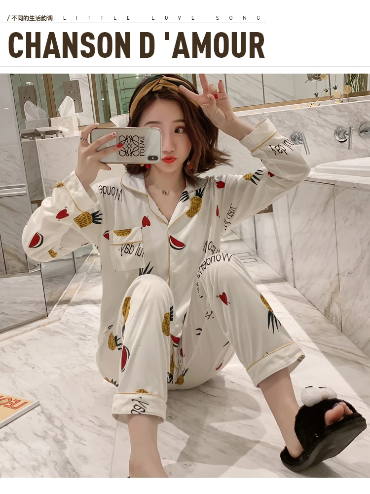 New Womens Print Pajamas Pyjamas Set Long Sleeve Sleepwear Pijama Pajamas Suit Female Sleep Two Piece Set Loungewear