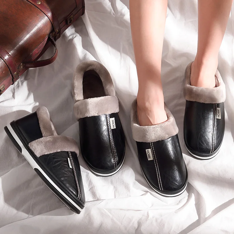 

Big size 49 Men's slippers Winter slippers Non-slip Indoor Shoes for men leather House shoe Waterproof Warm Memory Foam Slipper